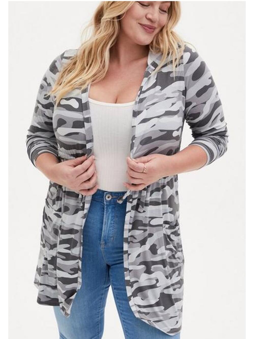 Torrid Super Soft Hooded Open-Front Cardigan Women's 3X Camo Gray White